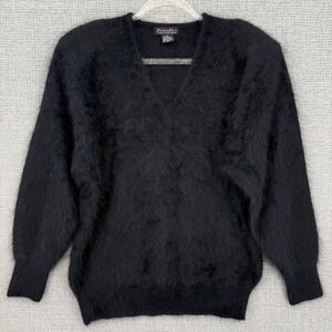 Vintage Venesha Angora Sweater Women Large Black Fuzzy V Neck Minimalist Goth